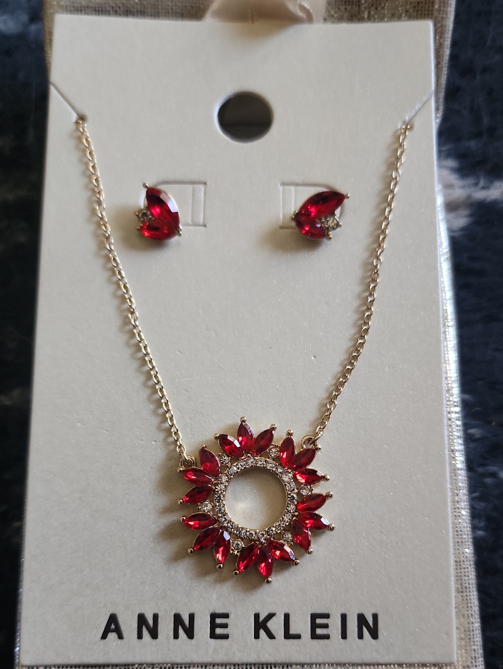 Anne Klein Gold-Tone Necklace and Earring Set with Red Crystal Sunburst